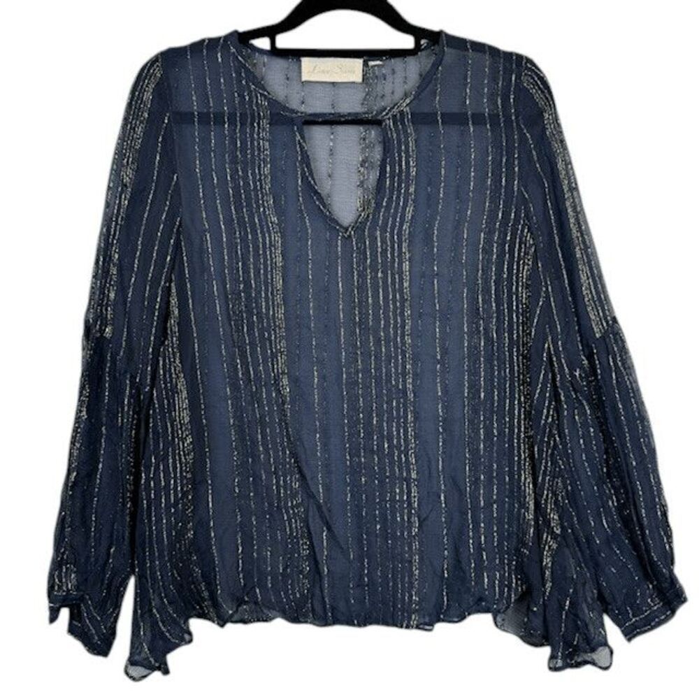 Love Sam Anthropologie‎ Navy Blue Sheer Blouse with Metallic Gold Size Medium